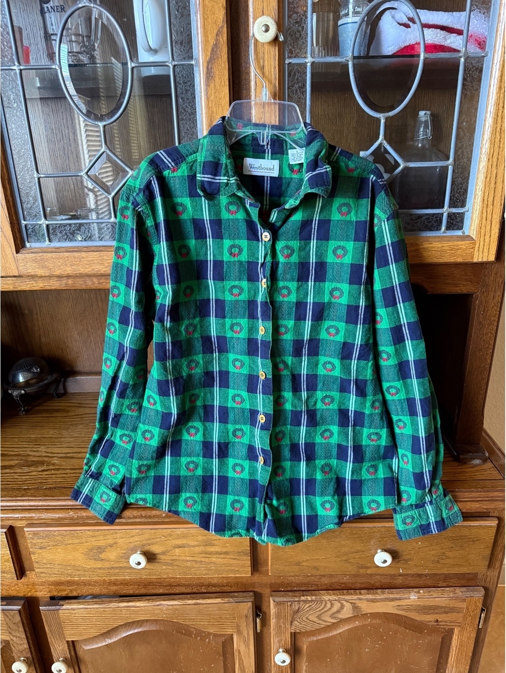 Vintage Westbound Christmas Plaid Flannel Shirt Small Green Wreath Embroidered